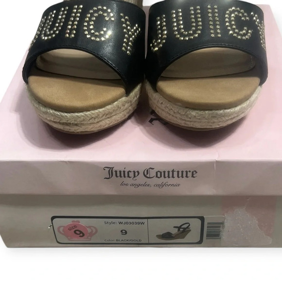 Juicy Couture Black Metal Stud Espadrille Platform Ankle Strap Wedge Sandals 9 - Picture 3 of 14